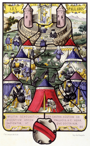 Allegory of the university. Fac simile d'un stained glass from the Middle Ages in “Histoire de la peinture sur verre”” by Ferdinand de Lasteyrie, 1853 (print)