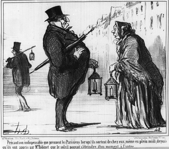 Indispensable precaution that Parisians take when they leave their homes, even in the middle of noon, since they were taught by Monsieur Babinet that the sun could fade from one moment to the next, cartoon by Honore Daumier (1808-1879). “Charivari”, 1857.