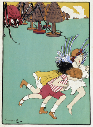 Enfants fuyant devant une araignée géante. In ""Lusotte et les histoires qu'on lui raconte"". Dessin de M.J. Toupenot, 1917.