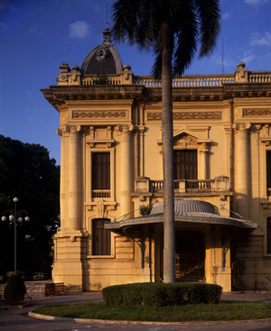 Colonial architecture in Vietnam: Detail of the facade of the Municipal Theatre of Hanoi, built by architect Francois Lagisquet, from 1900 to 1914, inaugurated in 1911, inspired by the Palais Garnier. Photograph by Leonard de Selva.