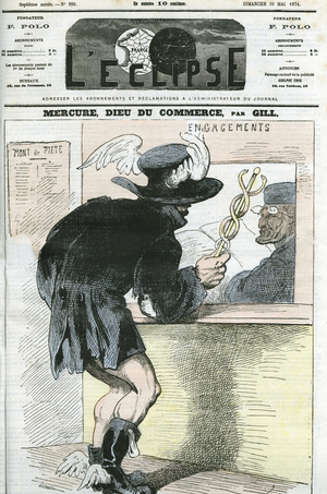 Cartoon of “Mercury, God of Commerce””. Cover in “” L'Eclipse”” by Gill, May 10, 1874, Paris.