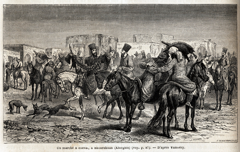 A horse walk in Shurakhan (Kyrgyzstan or Kyrgyzstan). Drawing by Emile Bayard (1837-1891), to illustrate the journey to Central Asia, in 1863, by Arminius Vambery (Hungarian scientist disguise in dervish). Engraving in “” Le tour du monde””, edited by Edouard Charton, 1865. Selva's collection.