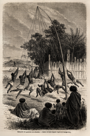 La balancoire des guerriers neo-zelandais ( neo zelandais) dans l'isthme d'Auckland, dessin de Emile Bayard ( 1837-1891), pour illustrer le voyage en Nouvelle Zelande, de 1858 a1860, de Ferdinand de Hochstetter. Gravure in ""Le tour du monde"", sous la direction d'Edouard Charton, 1865. Collection de Selva. 
