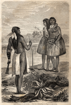 Type of Indian from Rio Colorado, drawing by Jules Pelcoq, to illustrate the story of Baron de Wogan's trip to California in 1850-1852. Engraving in “” Le tour du monde, nouveau journal des voyages”” Paris, 1860. Selva's collection.
