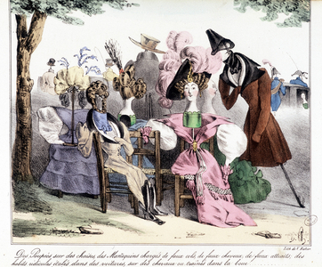 An ironic description of the 19th century bourgeois fashion: “Dolls on chairs, models loaded with fake collars, fake horses, fake attractions; ridiculous clothes spread out in cars, on horses or dragged in mud.” In “” La silhouette””, satirical journal, 1830/1831.