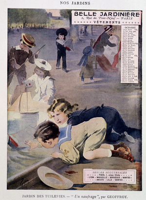 Enfants jouant aux bateaux au jardin des Tuileries par Jean Geoffroy (1853-1924), calendrier ""Belle Jardiniere"", serie ""Nos Jardins"", octobre, s.d. v.1900. 