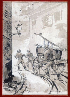 Firefighters: the departure of the post - grav., n.d.