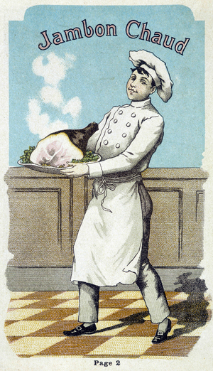 Young cook wearing a hot ham, early 20th century