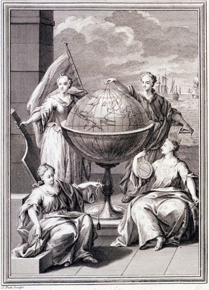Allegory of the Exploration of the World - in “” Historical Journey of South America done by Order of the King of Spain””, by Don Georges Juan and Don Antoine de Ulloa, Librairie du Roi, Paris, 1752