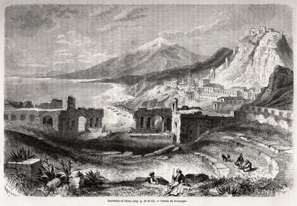 The ruins of the ancient theatre of Taormina (Tauromenium), at the foot of Mount Taurus, overlooking the modern village of Giardini and the Etna, drawing by Adolphe Rouargue (1810-187?) and Emile Rouargue (ca1795-1865) to illustrate Felix Bourquelot's journey to Sicily in 1843. Engraving in “” Le tour du monde, nouveau journal des voyages”” Paris, 1860. Selva's collection.