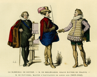 Portraits of the marechal of Souvre (died 1626), of Roger de Saint Lary, Duke of Bellegarde (1562-1646), Grand Ecuyer of France and Antoine de Pluvinel (1556-1605), Master of Horse Riding of Louis XIII (1610-1643). Colour engraving, in “France et les francais a travers les centuries”” by Augustin Challamel, F.Roy editor, Paris 1882. Selva Collection.
