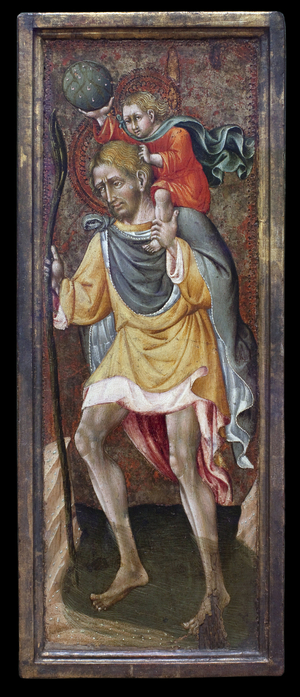 Saint Christophe portant Jesus Christ sur ses epaules. Peinture de Giovanni Di Paolo Di Grazia (Giovanni dal Poggio, 1399-1482), tempera sur peuplier, entre 1450 et 1460. Art italien, 15e siecle, Renaissance siennoise. Staatsgalerie, Stuttgart (Allemagne). 