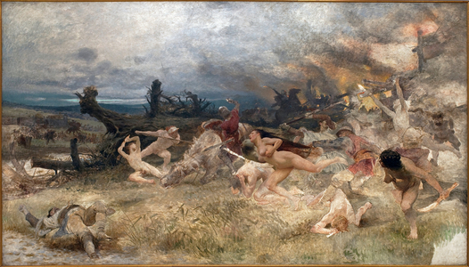 The ruin of the Adamites (or Adamians). Religious movement linked to Christianity, inspired by a nostalgia for the Garden of Eden (free love, refusal of work, nudite), reappeared in Europe towards the end of the 13th century, persecuted until their definitive disappearance in 1421. Painting by Frantisek Zenisek (1849-1916), Oil On Canvas, 1903. Czech art beginning 20th century. Veletrzni Palace (Fairs Palace), Prague (Czech Republic).