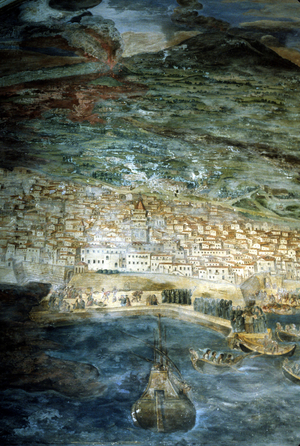 In 1669 the city of Catania (Sicily) was devasted by the eruption of Etna. Painting by Giacinto Platanio. Sacristy of the Duomo of Catania.