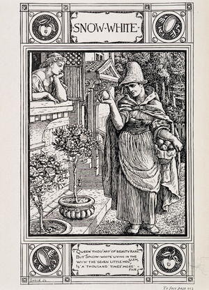 Snow White and the witch tending her apple - in “” Household Stories from the collection of the Bros Grimm””, translated from German by Lucy Crane, London mac millan & Co ltd, 1899