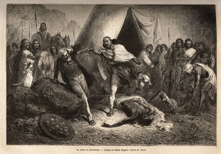 Emperor (or negus) Theodoros II (Tewodros) (born around 1818-1868, called Kassa Hailu before his coronation on the Ethiopian Empire), threatened with his gun Mr. Stern, an English missionary who rediated a biography of negus, by which Theodoros felt insult. Engraving to illustrate the story “” les captifs de Theodoros””, by Doctor Henry Blanc, in 1866-1868, published in “” Le tour du monde””” 1869, edited by Edouard Charton, edition Hachette, Paris. Selva Collection.