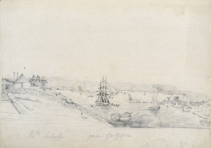 On the right, the camp of the French of the Baudin expedition to Bennelong point, left, Sydney, home of Nicolas Bayley- pencil and ink by Charles Alexandre Lesueur