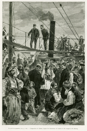 The ship's deck. Engraving by Tofani to illustrate the story Voyage en Thessalie in 1882, by Paul Monceaux, in le tour du monde 1887, directed by Edouard Charton (1807-1890), Hachette, Paris.