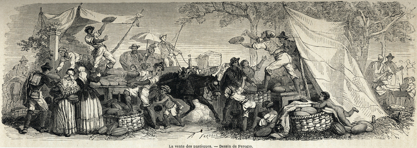 The sale of watermelons, drawing by Ferogio, to illustrate Naples and the Neapolitans, in 1861, by Marc Monnier (1829-1885). Engraving in “” Le tour du monde”” 1861. Selva's collection.