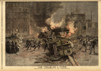 Fire of omnibuses and trams in Paris: a brutally repressed student demonstration turns into a general riot. Engraving in “” Le petit journal”” 22/07/1893. Selva's collection.