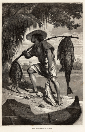Indian Moxo (Mojo, Moxeno) (from the Mato Grosso region) returning from fishing, engraving after a drawing by the narrator, illustrating a journey of exploration on the Amazon and the Madeira, of 1874, by Franz Keller Leuzinger, published in “” Le tour du monde”” 1874, edited by Edouard Charton, edition Hachette, Paris - Collection