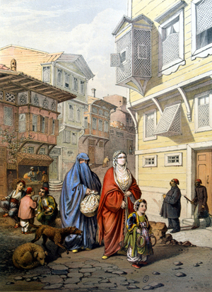 Women veiled in a street of Constantinople - engraving, 19th century