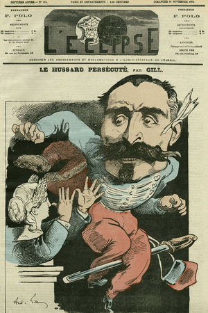 Cartoon “” the hussard persecutes (by Marianne doing his nose), Monsieur de Saint-Genest (Saint Genest). Cover in “” L'Eclipse”” by Gill, November 29, 1874, Paris.