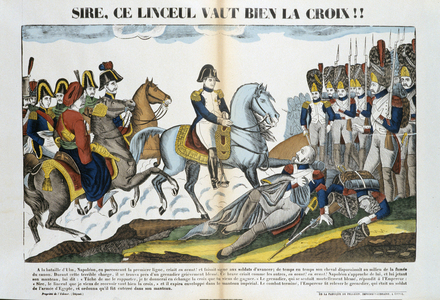 Napoleon gives his coat to a wounded soldier during the Battle of Ulm, 19th century (Epinal print)