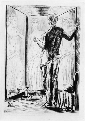 Alicia Cleny in front of her mirror. Engraving by Raphael Drouart (1894-1972) for “” L'Eve future””, 1925, by Jean Marie Mathias Philippe Auguste, count of Villiers de L'Isle Adam (L'Isle-Adam) (1838-1889). Rights reserved
