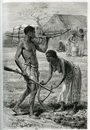 Men and women of Bihe, in their daily activities: hunting, farming and millet preparation. Engraving by D.Maillart, to illustrate the story how I crossed Africa, from the Atlantic Ocean to the Indian Ocean, by Major Serpa Pinto, in 1877-1878, published in the Tour du monde, under the direction of Edouard Charton (1807-1890), 1881, Paris. Selva Collection.