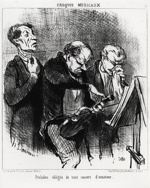Musical sketches: obligatory preludes of any amateur concert. Three musicians strive to illuminate their voices, tune a violin and blow their nose with ostentation. Illustration d'Honore Daumier (1808-1879), published in “Charivari”, dated March 3, 1852.
