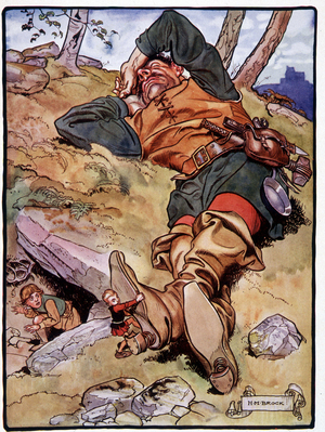 Le Peucet takes off his seven-leagues boots to the asoupi ogre - in “The Book of fairy tales”” ill. by Henri-Matthew (Henri Matthew) Brock (1875-1960), Frederick Warne & cie ed., London and New York, deb. 20th century DR