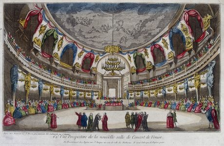 Interior of a concert hall in Venice. 18th century engraving.