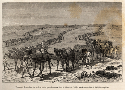 Transport of iron ship sections by camels, in the desert of Nubia (Sudan), engraving illustrating an armed expedition in Central Africa, for the suppression of the black trade, 1869 to 1873, by Sir Samuel White Baker, published in “” Le tour du monde””” 1875, edited by Edouard Charton, Hachette edition, Paris. Selva Collection.