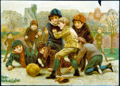 Chromolithography on cardboard, kids playing football, late 19th, early 20th.