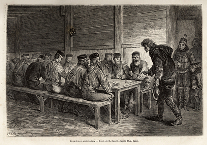 A Greenlandic parliament, made up of twelve deputes (each wearing the official hat of their office, red and gold), exercises its privileges granted by the King of Denmark, mainly concerning the hunting and fishing of the indigenous people and the relief of the needy, engraved after a drawing by H.Castelli, to illustrate the story “” the land of desolation”” by Isaac J. Hayes, doctor embarked on the ship the panthere for a voyage to Greenland, in 1869, published in “” Le tour du monde””” 1873, edited by Edouard Charton, edition Hachette, Paris. Selva Collection.