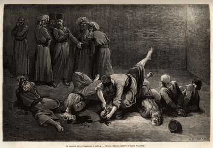The torment of the prisoners in Khiva (Uzbekistan), the executioner removes them with a knife. Drawing by Emile Bayard (1837-1891), to illustrate the journey to Central Asia, in 1863, by Arminius Vambery (Hungarian scientist disguise in dervish). Engraving in “” Le tour du monde””, edited by Edouard Charton, 1865. Selva's collection.