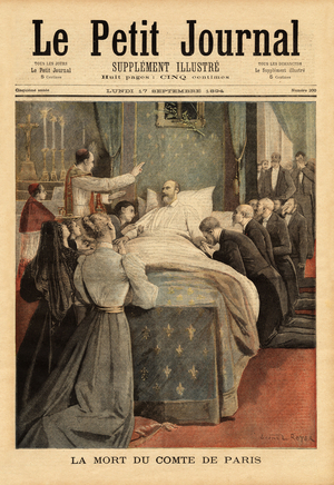Louis Philippe d'Orleans (1838-1894) count of Paris, on his deathbed, pretending Orleanist to the throne of France, under the name of Philip VI, he died in exile at the castle of Stowehouse, Buckinghamshire (United Kingdom). Engraving in “” Le petit journal”” 17/09/1894. Selva's collection.