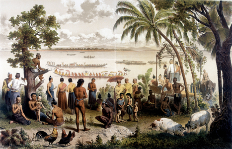 Canoes race in Bassac, Laos. Atlas of the exploration voyage to Indochina during the years 1866 - 1868, edited by F. Garnier, 1873.