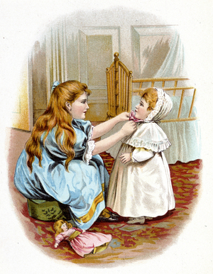 Ready: girl dressing her little sister - in "A Letter to Santa Claus", N.Y., 1907