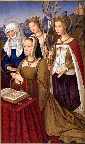 Portrait of Anne of Brittany (1477-1514), Queen of France, in prayer with her holy patron saint Saint Anne, Saint Helene and Saint Ursule - in “” Military and religious life in the Middle Ages and the Renaissance period”” by Paul Lacroix, Paris, 1873. Chromolithography of Anne de Bretagne's Book of Hours, 15th century (see bra010539)