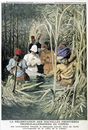 La delimitation des Nouvelles frontières franco-german au Congo: French and German commissioners operating in the marecagous forests of the Lobaye valley - in "Le Petité Journal" of Nov. 1913