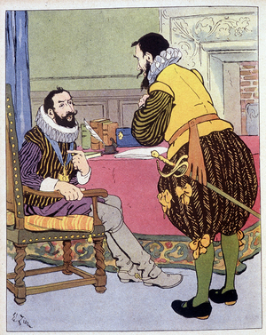 Henry of Navarre, known as Henry IV (1553-1610), king of France from 1589 to 1610, talks with Maximilian of Bethune (Duke of Sully) (1559-1641), his finance minister and fidel friend. In “Our national glories”, circa 1920.