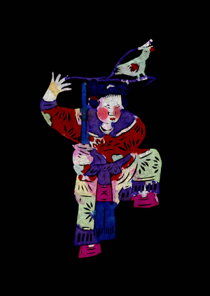 Female character holding a sword with bird. Painted paper cutting or "Jian Zhi", Chinese folk art, Pekin.