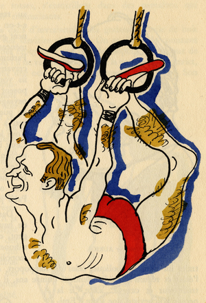 Cartoon by Leo Lagrange (1900-1957) French statesman, who organised in particular the Popular Olympics in Barcelona, in counterpoint to the Olympic Games in Berlin, instrumentalised by the Nazis. illustration by Jehan Sennep (1894-1982), in “The devil at the Palais Bourbon” by Georges Suarez (1890-1944), literary editions of France, on Aravis paper, Paris. Selva's collection.