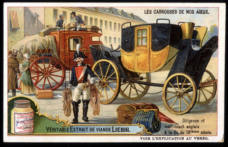 English diligence and mail coach in the 18th century - chromo. Liébig, early 20th century