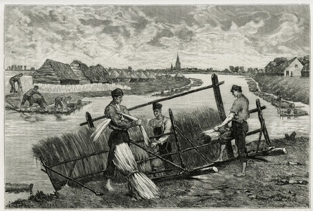 The rust of flax (maceration to facilitate the separation of the bark from the stem) in the Lys (river north of France and Belgium).Engraving by Emile Claus, to illustrate the story “” La Belgique””, by Camille Lemonnier (1844-1913), writer and art critic. the direction of Edouard Charton (1807-1890), Hachette edition, Paris.