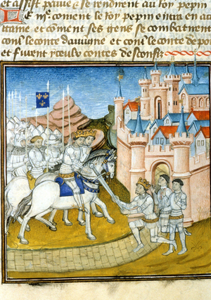 Griffon (Grippon) (ca. 726-753) went to his brothers Pepin III known as Pepin le Brief (714-768) and Carloman (ca. 715-754) after the siege of Laon in 741. Miniature in “” Grandes Chroniques de Saint-Denis””, 1300-1349. (512, 075r) Request for permission to the Bibliotheque Municipale de Toulouse (tel: 05 62 27 66 66)