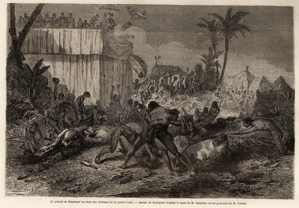 The people fighting for the heads of prisoners of war sacrificed by the king, Abomey (in present-day Benin), drawing by Jean Antoine Foulquier (1822-1896), to illustrate Dr. Repin's journey to Dahomey in 1860. Engraving in “” Le tour du monde””, edited by Edouard Charton, 1863. Selva's collection.