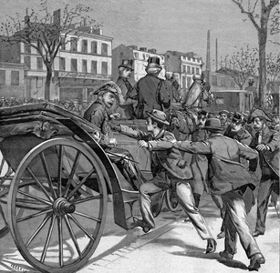 Attempted assassination of the anarchist Joaquim Michel Artal on the President of the Spanish Council, Antonio Maura in Barcelona,  in " Le Petit Parisien””, on the 24/04/1904 (engraving)